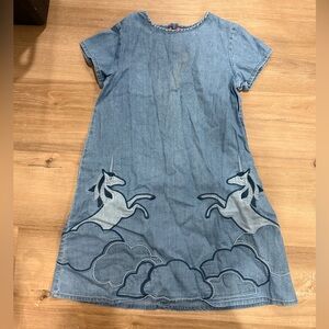 Mini Boden Blue Denim Unicorn Appliqué Dress